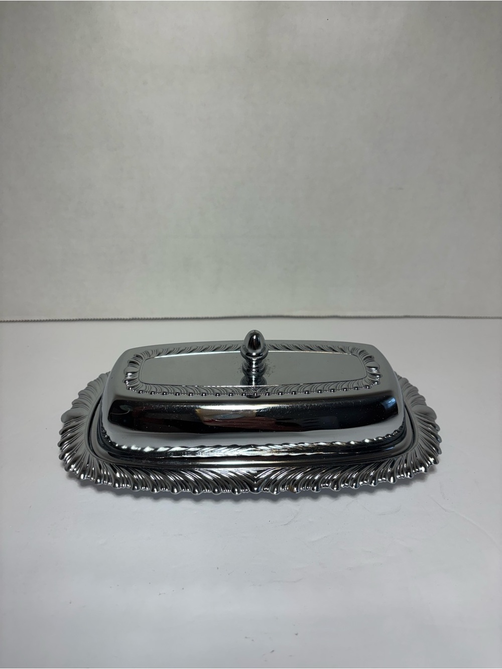 Butter Dish Glass Insert VTG Chromeplated Decorative Finial Lid